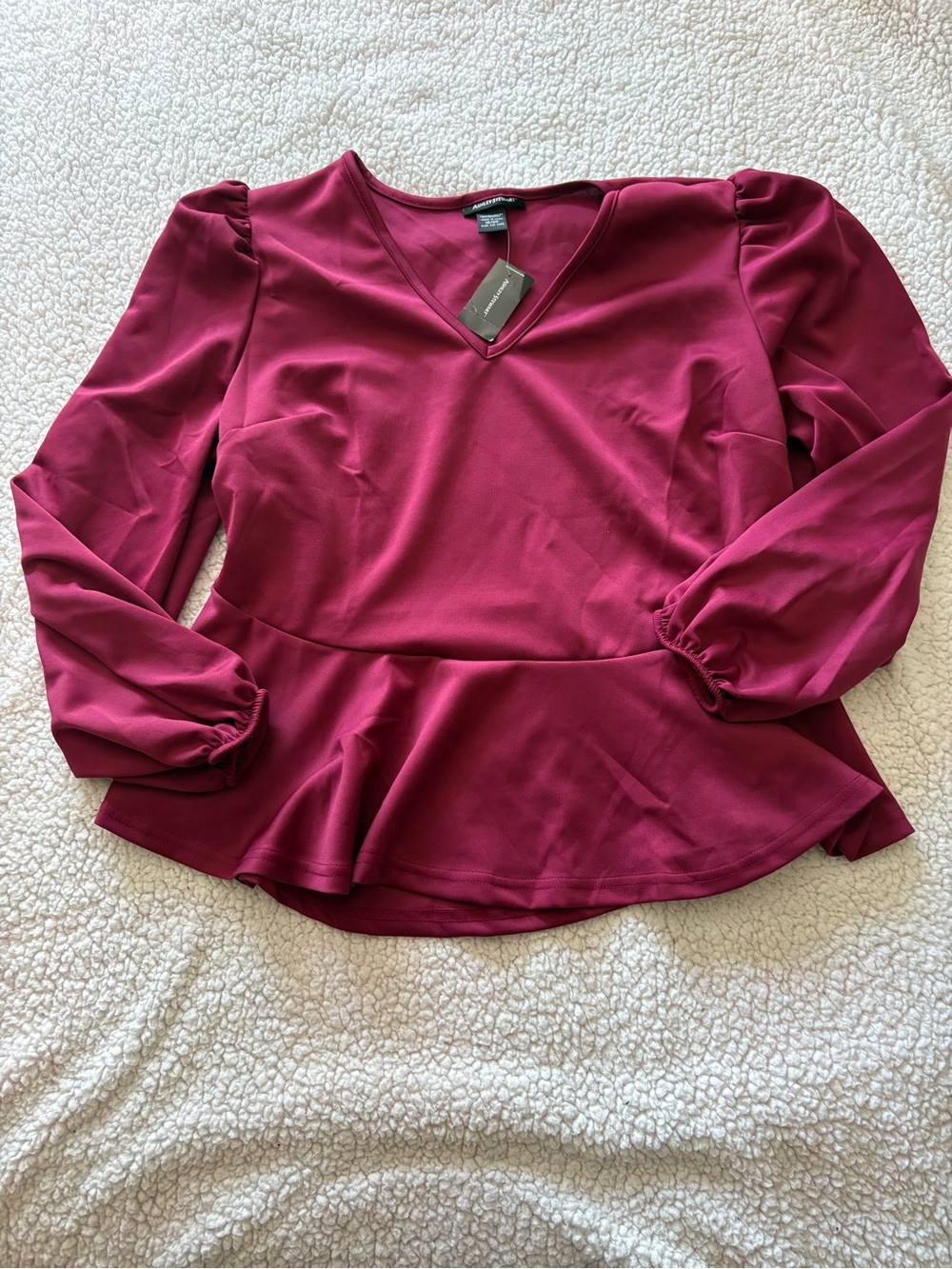 Ashley Stewart Burgundy V-Neck Peplum Top